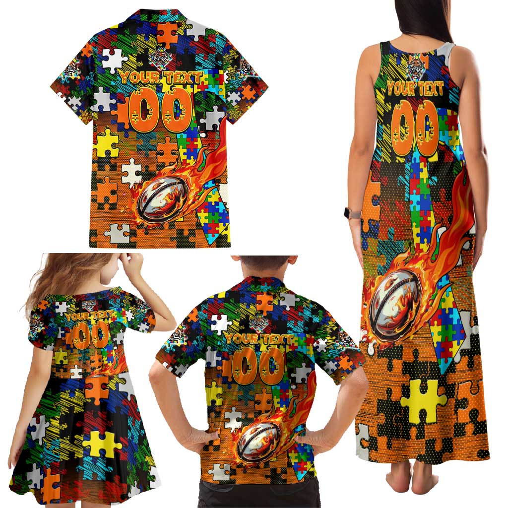Tigers Autism Awareness Family Matching Tank Maxi Dress and Hawaiian Shirt Puzzle Flames Rugby Ball