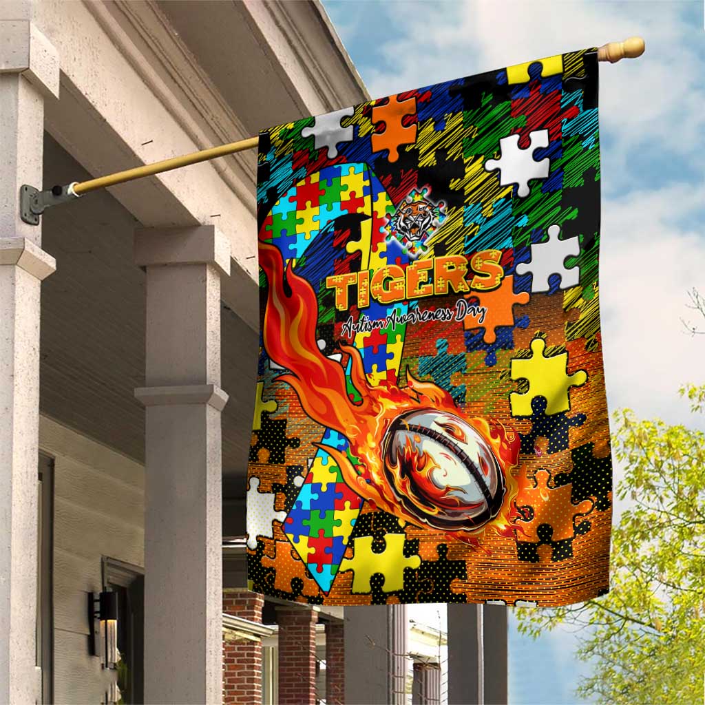 Tigers Autism Awareness Garden Flag Puzzle Flames Rugby Ball