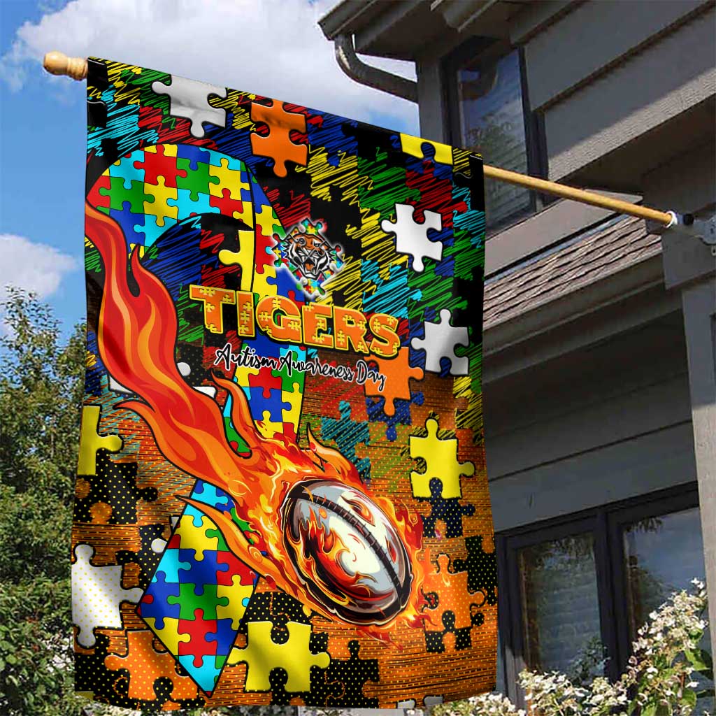 Tigers Autism Awareness Garden Flag Puzzle Flames Rugby Ball