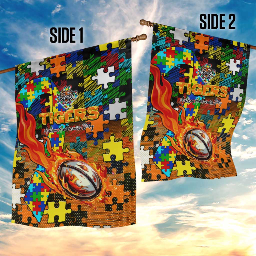 Tigers Autism Awareness Garden Flag Puzzle Flames Rugby Ball