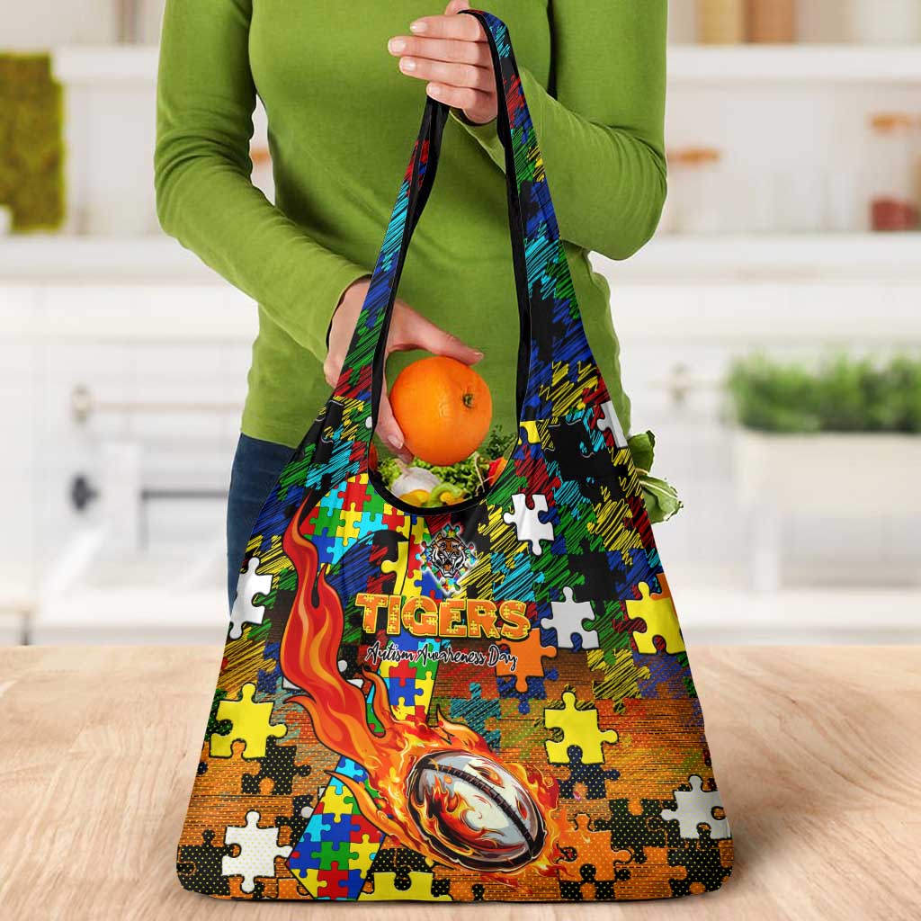 Tigers Autism Awareness Grocery Bag Puzzle Flames Rugby Ball