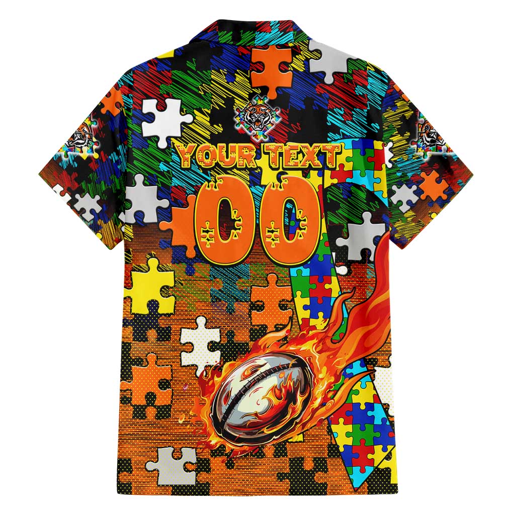 Tigers Autism Awareness Hawaiian Shirt Puzzle Flames Rugby Ball