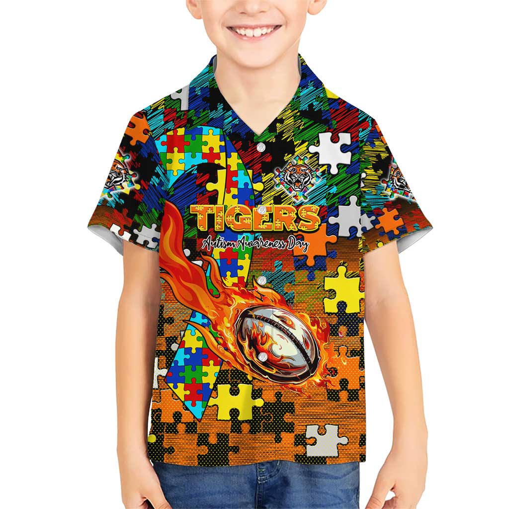 Tigers Autism Awareness Hawaiian Shirt Puzzle Flames Rugby Ball