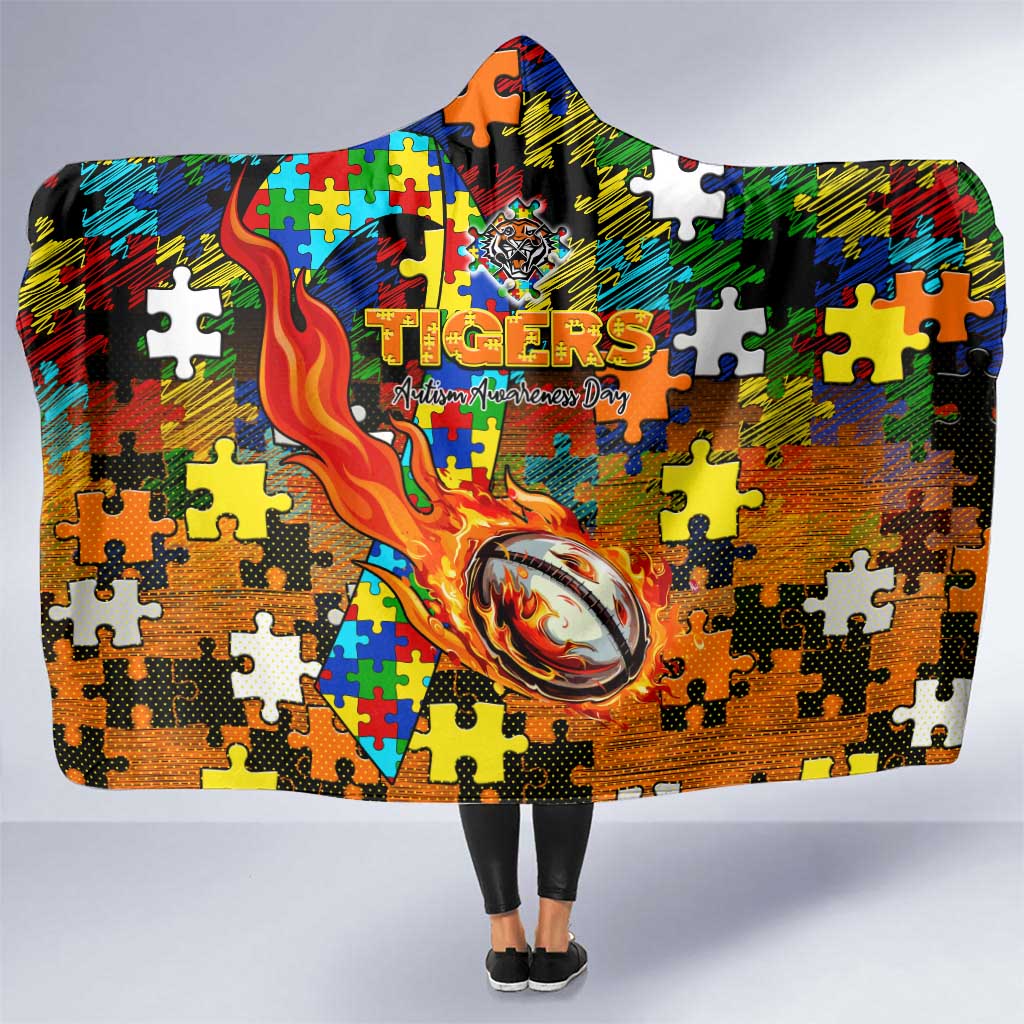 Tigers Autism Awareness Hooded Blanket Puzzle Flames Rugby Ball