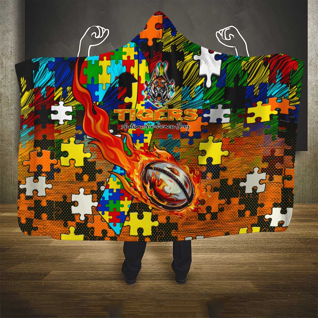 Tigers Autism Awareness Hooded Blanket Puzzle Flames Rugby Ball