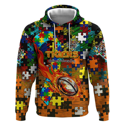 Tigers Autism Awareness Hoodie Puzzle Flames Rugby Ball