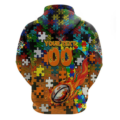 Tigers Autism Awareness Hoodie Puzzle Flames Rugby Ball