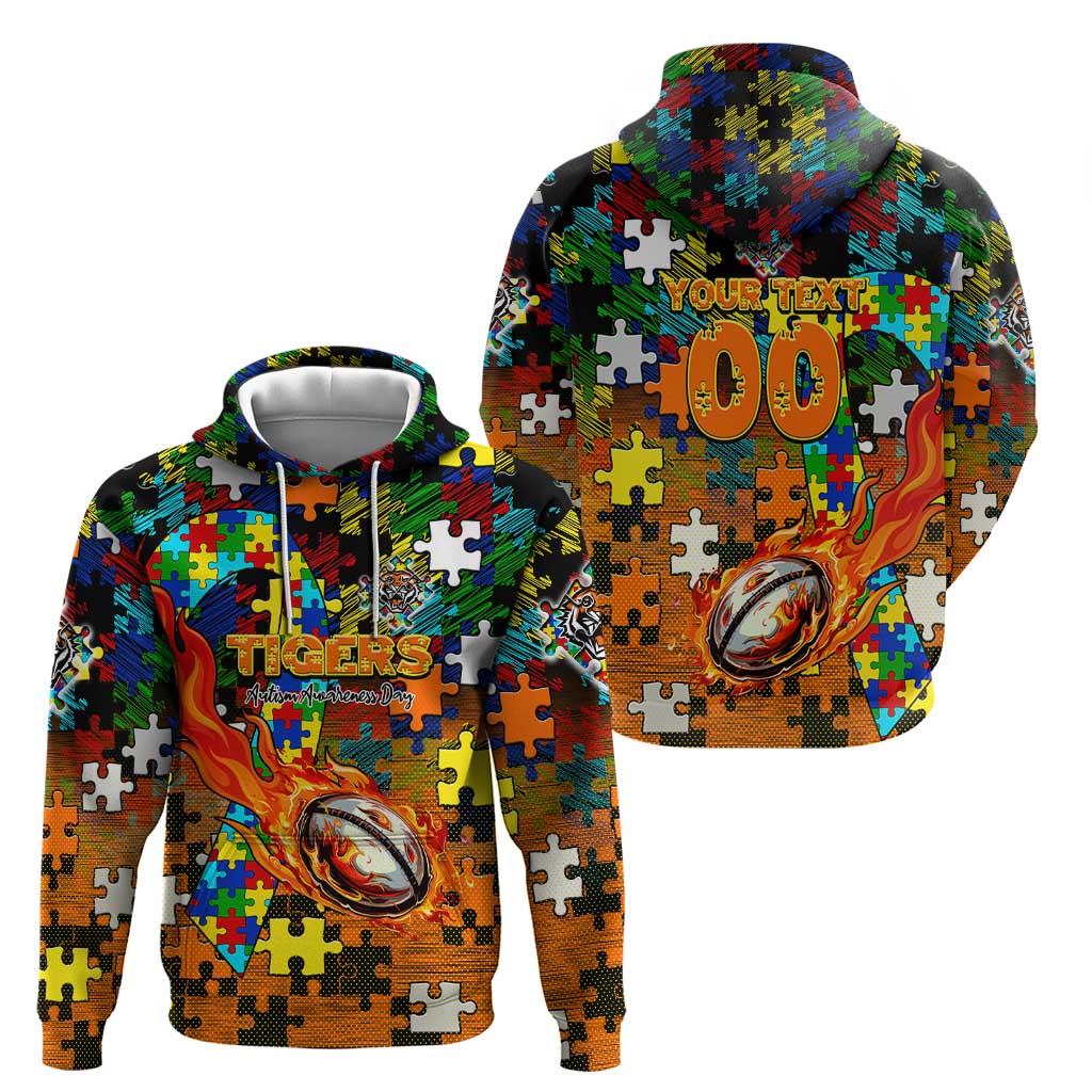Tigers Autism Awareness Hoodie Puzzle Flames Rugby Ball