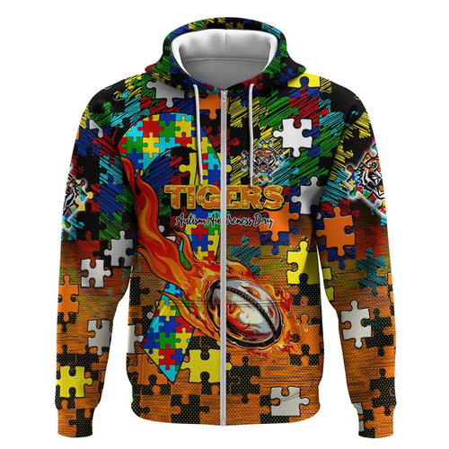 Tigers Autism Awareness Hoodie Puzzle Flames Rugby Ball