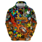 Tigers Autism Awareness Hoodie Puzzle Flames Rugby Ball