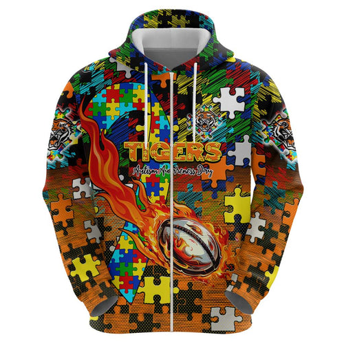 Tigers Autism Awareness Hoodie Puzzle Flames Rugby Ball
