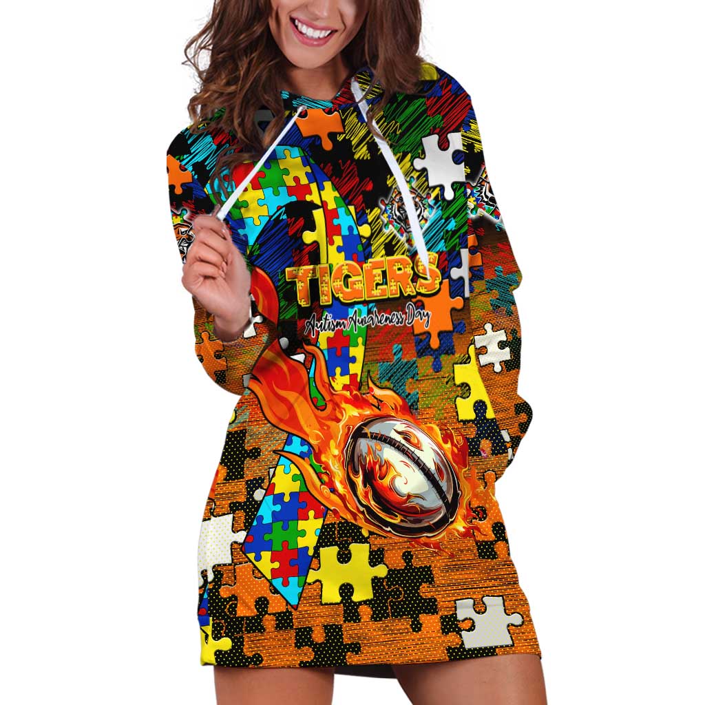 Tigers Autism Awareness Hoodie Dress Puzzle Flames Rugby Ball