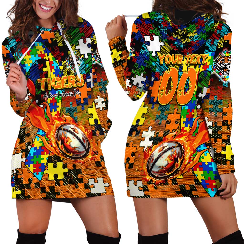 Tigers Autism Awareness Hoodie Dress Puzzle Flames Rugby Ball