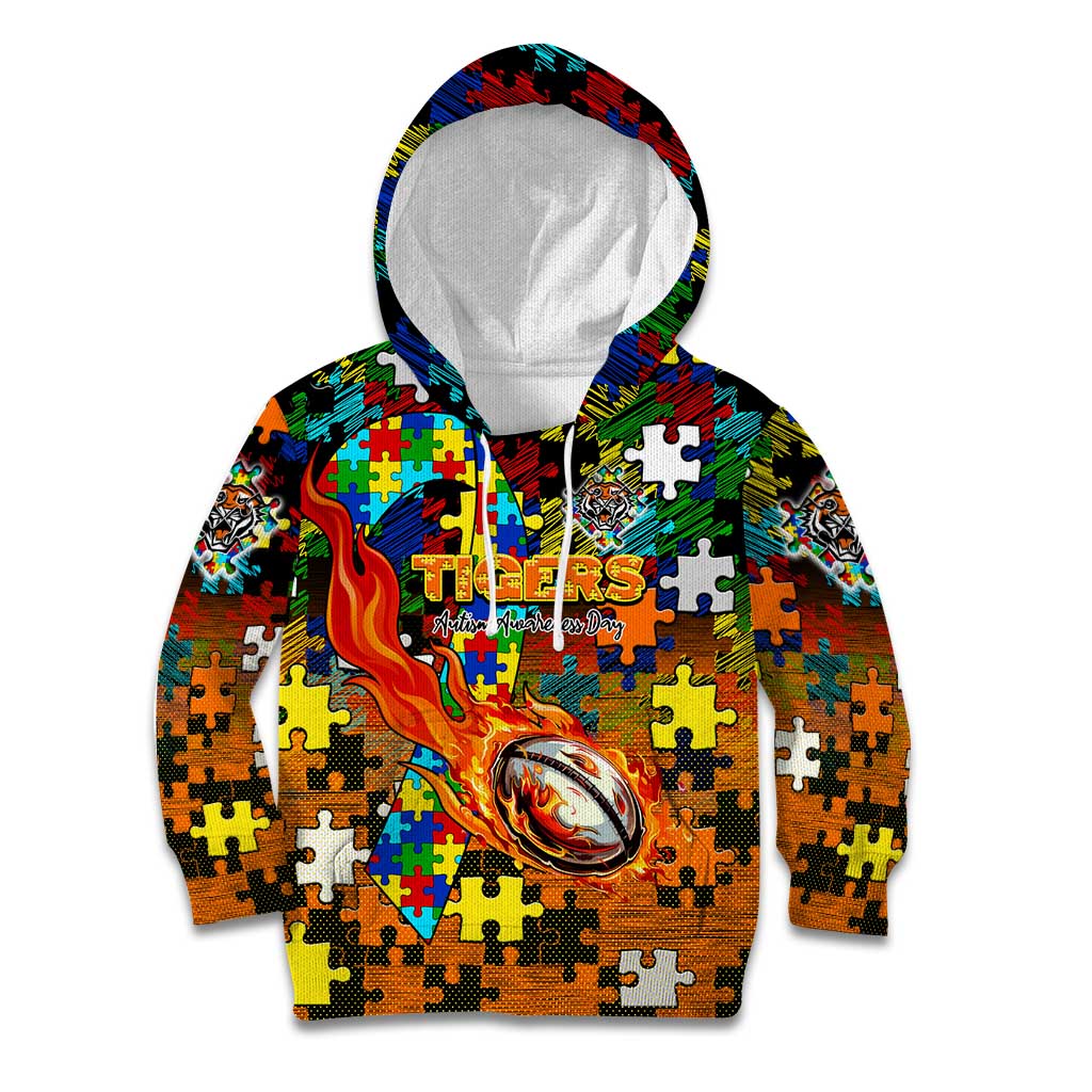 Tigers Autism Awareness Kid Hoodie Puzzle Flames Rugby Ball