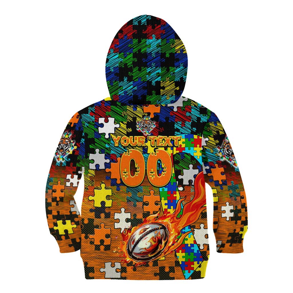 Tigers Autism Awareness Kid Hoodie Puzzle Flames Rugby Ball
