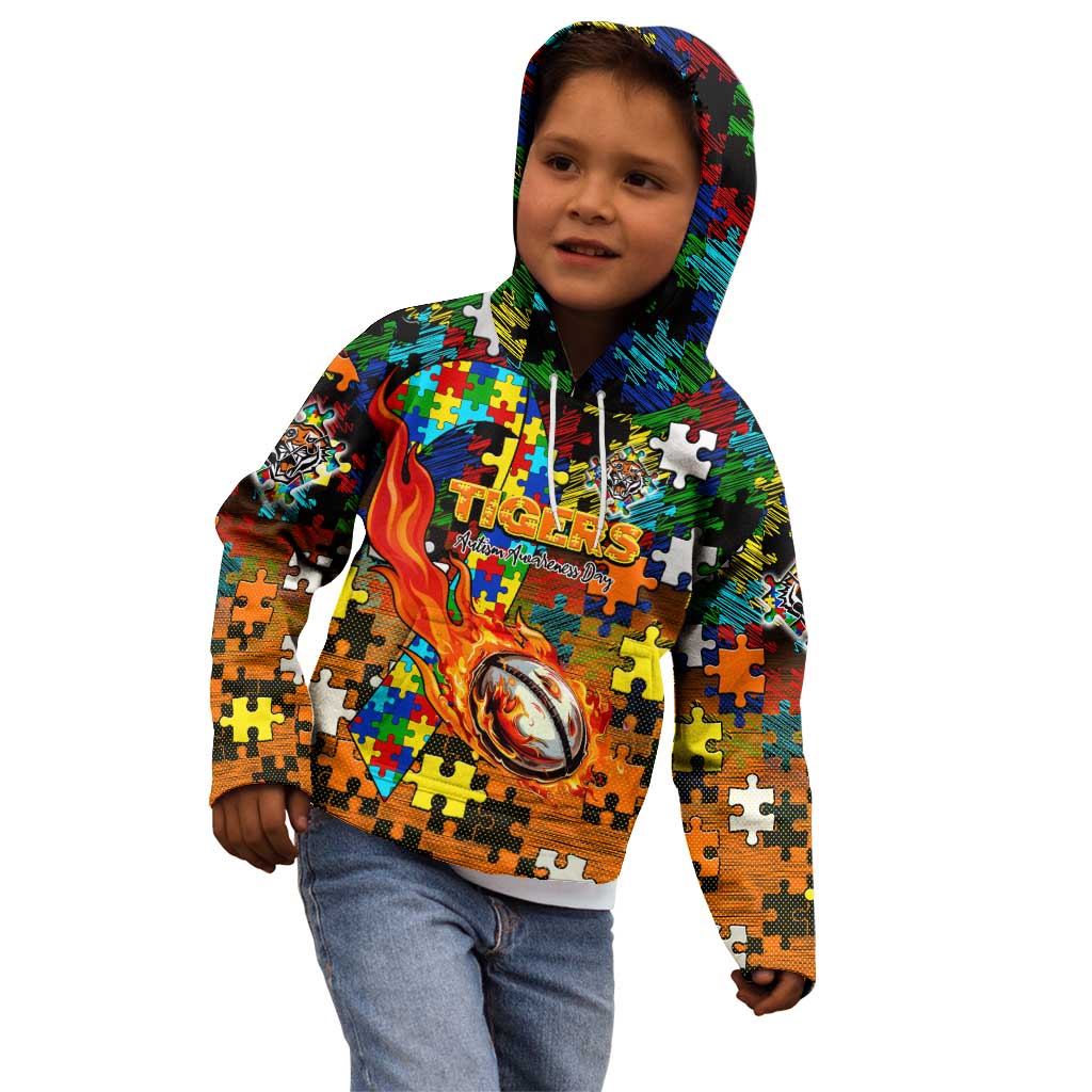 Tigers Autism Awareness Kid Hoodie Puzzle Flames Rugby Ball