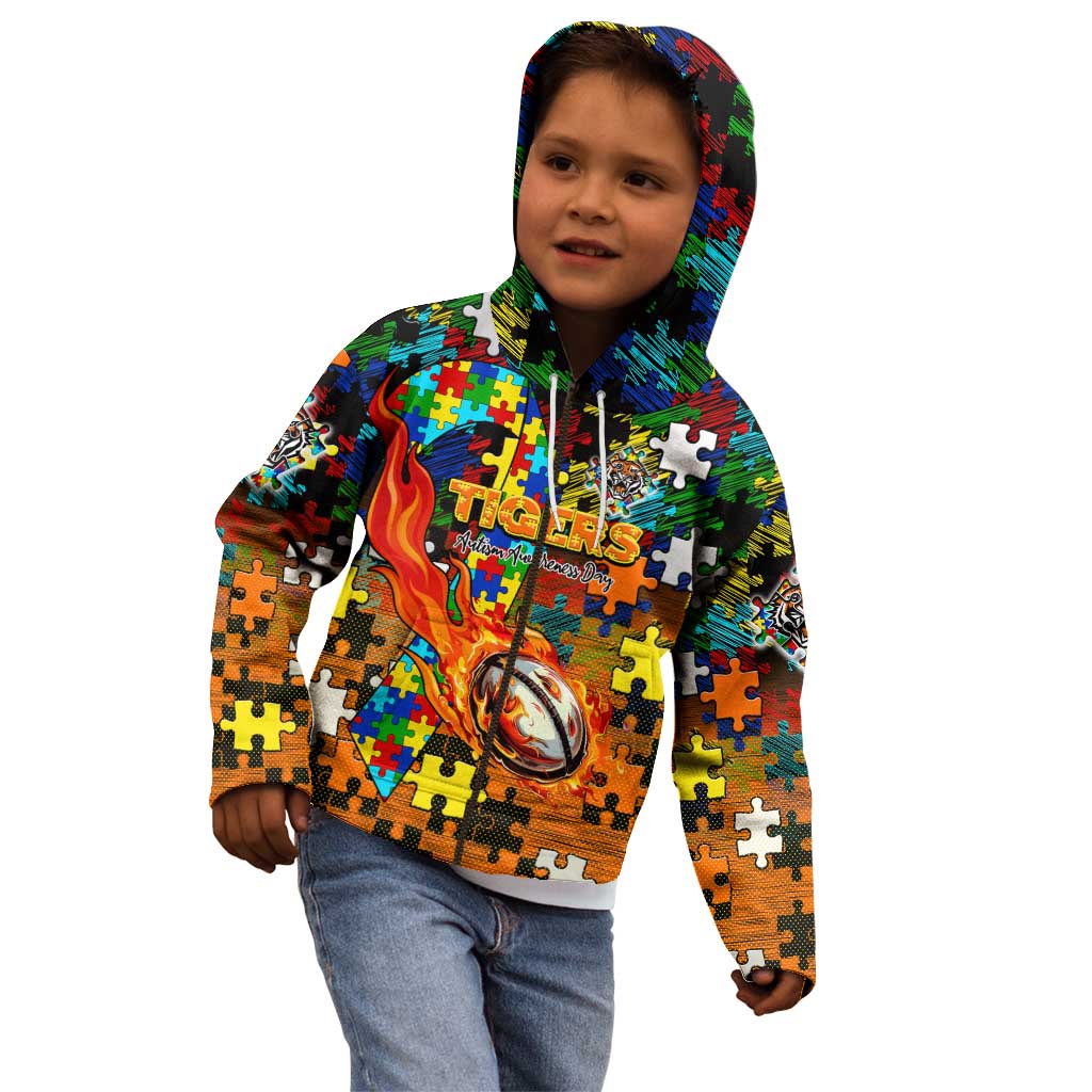 Tigers Autism Awareness Kid Hoodie Puzzle Flames Rugby Ball