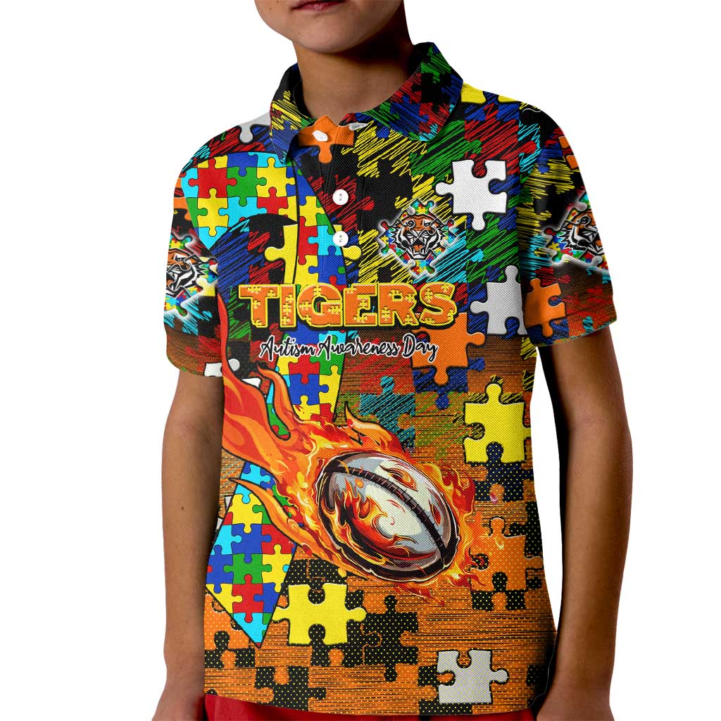 Tigers Autism Awareness Kid Polo Shirt Puzzle Flames Rugby Ball
