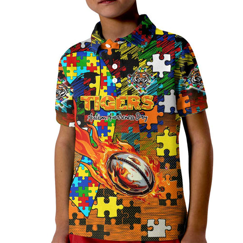 Tigers Autism Awareness Kid Polo Shirt Puzzle Flames Rugby Ball