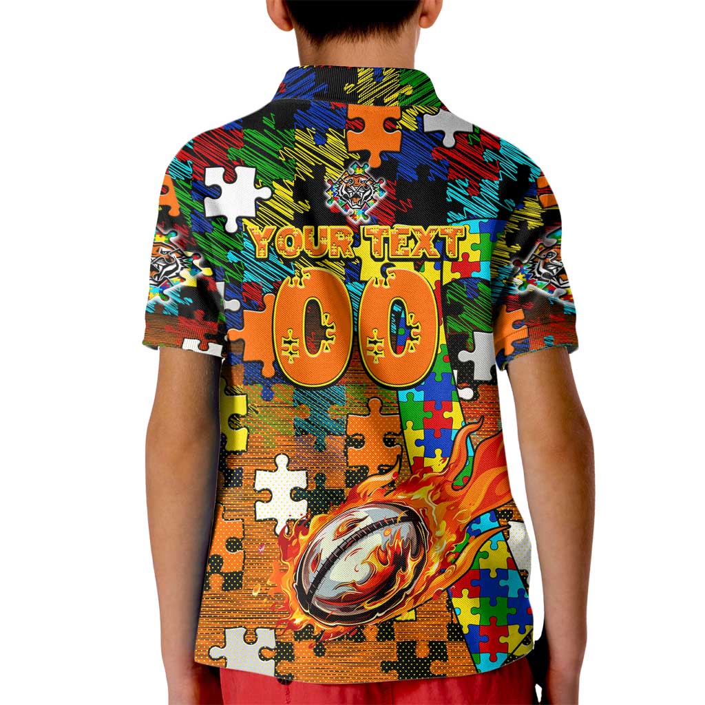 Tigers Autism Awareness Kid Polo Shirt Puzzle Flames Rugby Ball
