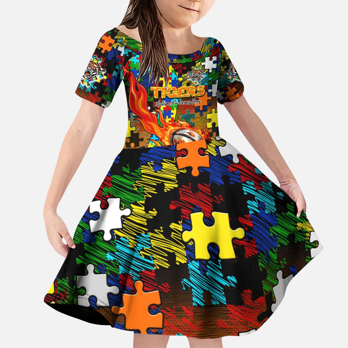 Tigers Autism Awareness Kid Short Sleeve Dress Puzzle Flames Rugby Ball