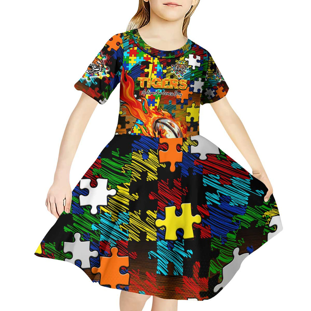 Tigers Autism Awareness Kid Short Sleeve Dress Puzzle Flames Rugby Ball