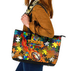 Tigers Autism Awareness Leather Tote Bag Puzzle Flames Rugby Ball