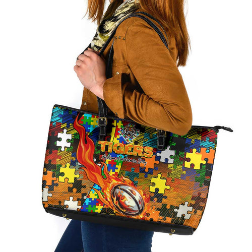 Tigers Autism Awareness Leather Tote Bag Puzzle Flames Rugby Ball