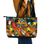 Tigers Autism Awareness Leather Tote Bag Puzzle Flames Rugby Ball