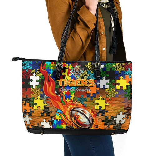 Tigers Autism Awareness Leather Tote Bag Puzzle Flames Rugby Ball