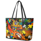 Tigers Autism Awareness Leather Tote Bag Puzzle Flames Rugby Ball