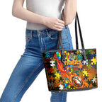 Tigers Autism Awareness Leather Tote Bag Puzzle Flames Rugby Ball