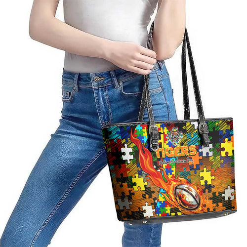 Tigers Autism Awareness Leather Tote Bag Puzzle Flames Rugby Ball