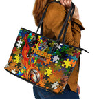 Tigers Autism Awareness Leather Tote Bag Puzzle Flames Rugby Ball