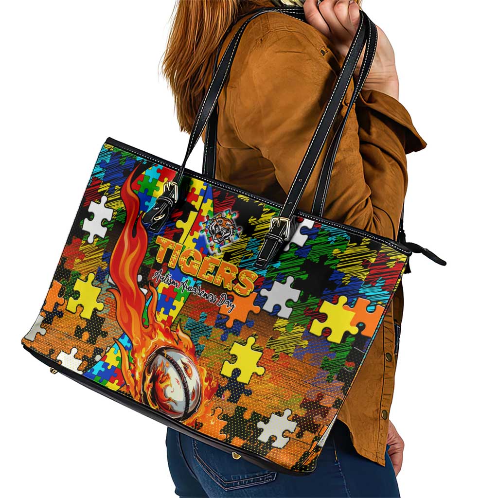 Tigers Autism Awareness Leather Tote Bag Puzzle Flames Rugby Ball