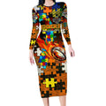 Tigers Autism Awareness Long Sleeve Bodycon Dress Puzzle Flames Rugby Ball
