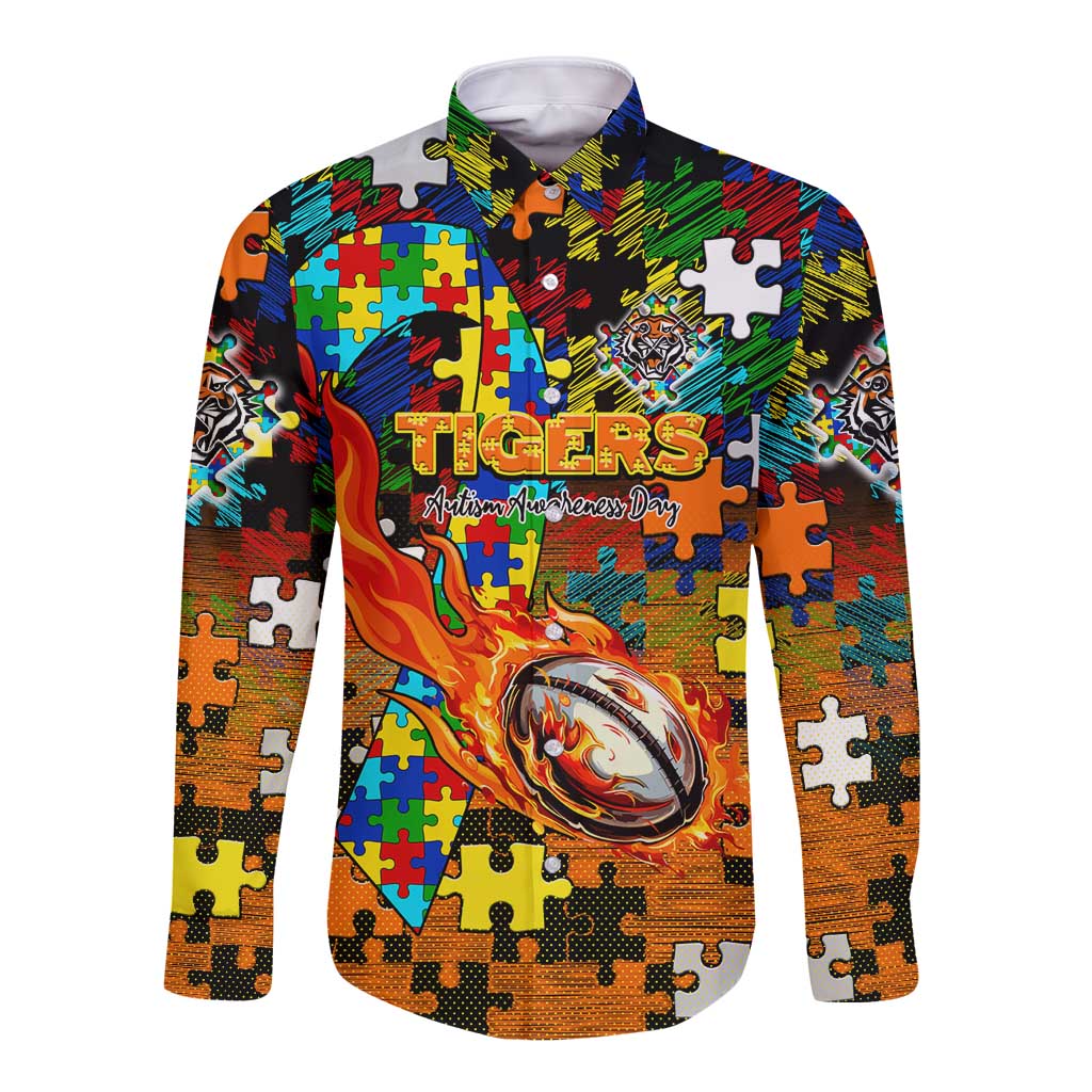 Tigers Autism Awareness Long Sleeve Button Shirt Puzzle Flames Rugby Ball
