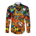 Tigers Autism Awareness Long Sleeve Button Shirt Puzzle Flames Rugby Ball