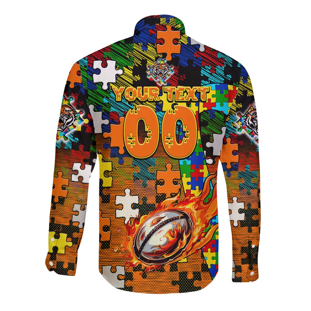 Tigers Autism Awareness Long Sleeve Button Shirt Puzzle Flames Rugby Ball