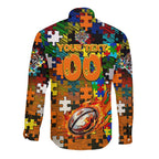 Tigers Autism Awareness Long Sleeve Button Shirt Puzzle Flames Rugby Ball