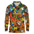Tigers Autism Awareness Long Sleeve Polo Shirt Puzzle Flames Rugby Ball