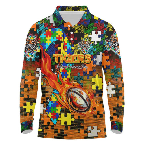Tigers Autism Awareness Long Sleeve Polo Shirt Puzzle Flames Rugby Ball