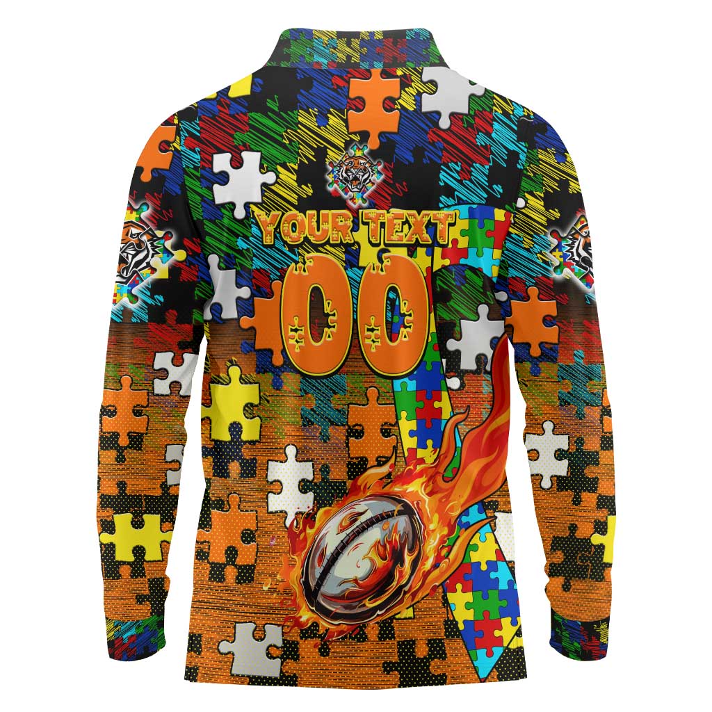 Tigers Autism Awareness Long Sleeve Polo Shirt Puzzle Flames Rugby Ball