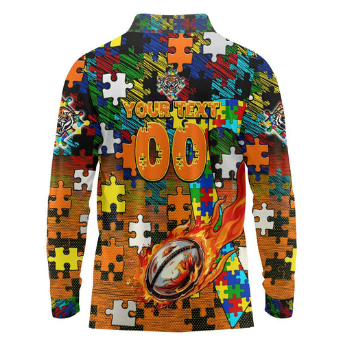 Tigers Autism Awareness Long Sleeve Polo Shirt Puzzle Flames Rugby Ball