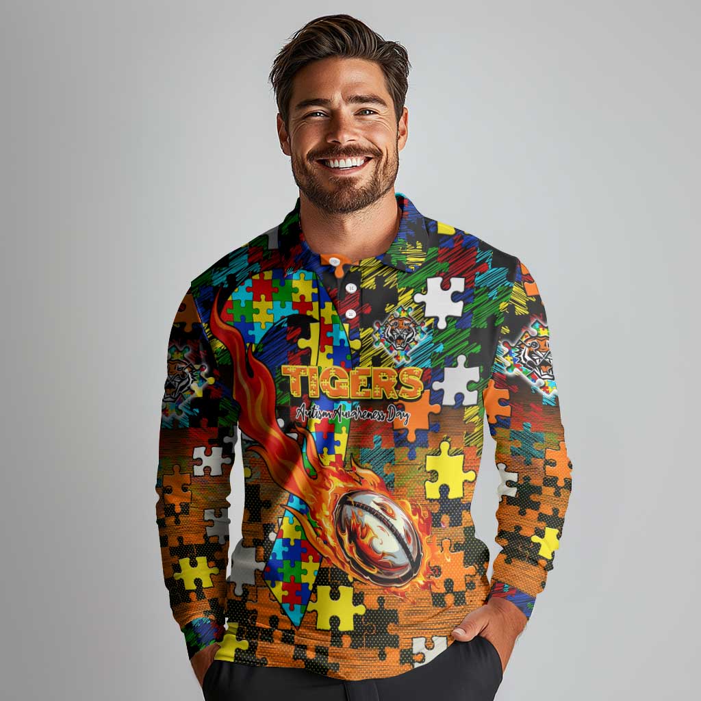 Tigers Autism Awareness Long Sleeve Polo Shirt Puzzle Flames Rugby Ball