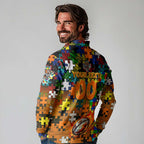 Tigers Autism Awareness Long Sleeve Polo Shirt Puzzle Flames Rugby Ball