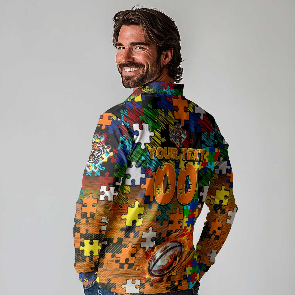 Tigers Autism Awareness Long Sleeve Polo Shirt Puzzle Flames Rugby Ball