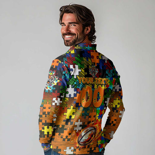 Tigers Autism Awareness Long Sleeve Polo Shirt Puzzle Flames Rugby Ball