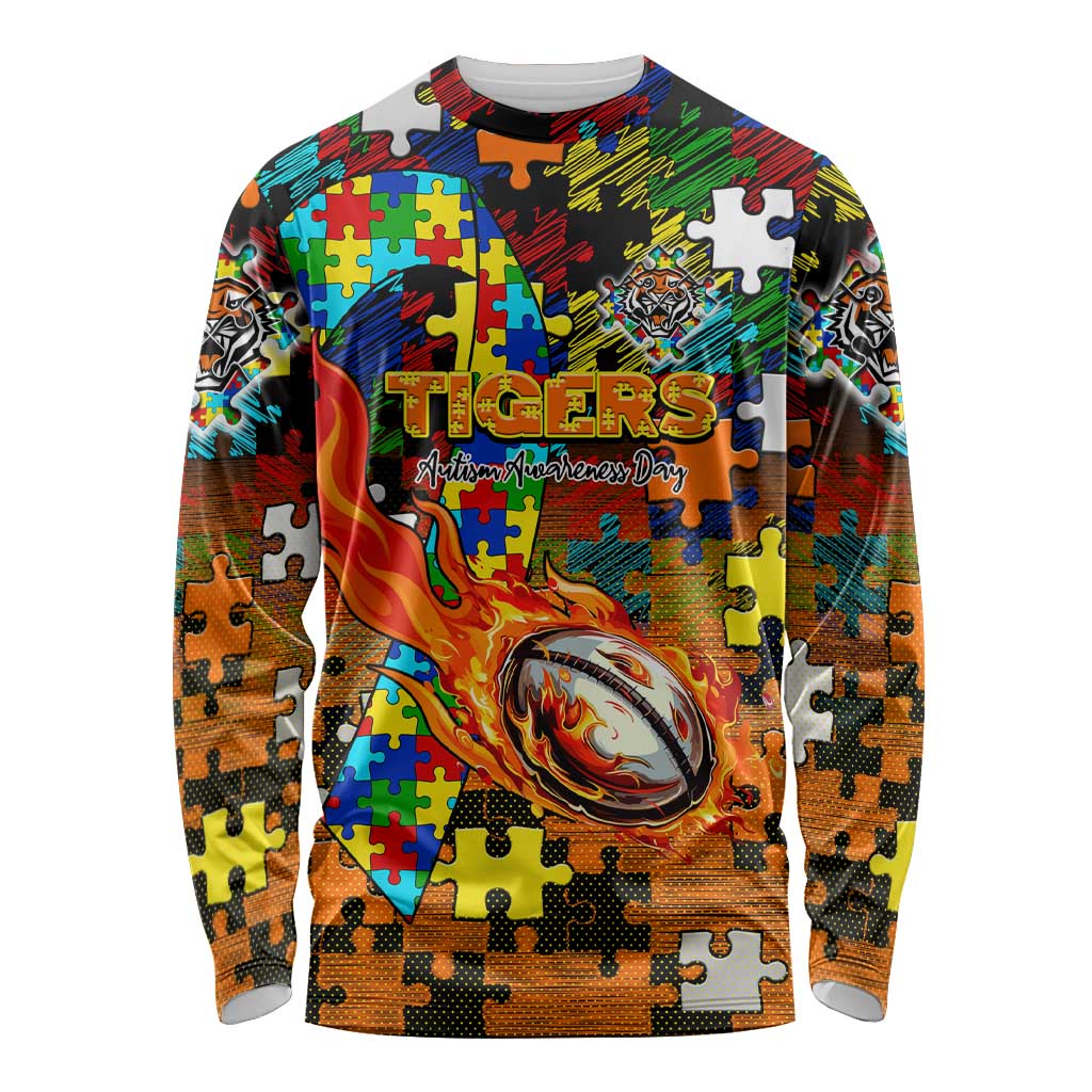 Tigers Autism Awareness Long Sleeve Shirt Puzzle Flames Rugby Ball