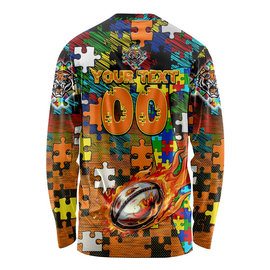 Tigers Autism Awareness Long Sleeve Shirt Puzzle Flames Rugby Ball